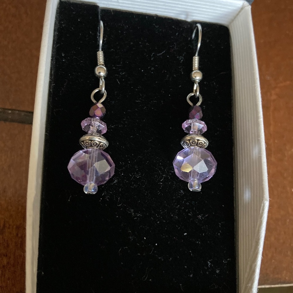 NBW Lavender, Purple, and Silver Engraved Beaded Drop Earrings